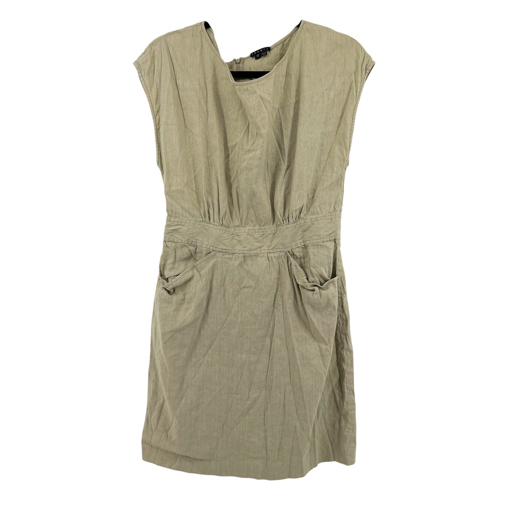 Theory Dress Linen Blend Ruched Waist 12 Khaki Women Sleeveless Summer Mini